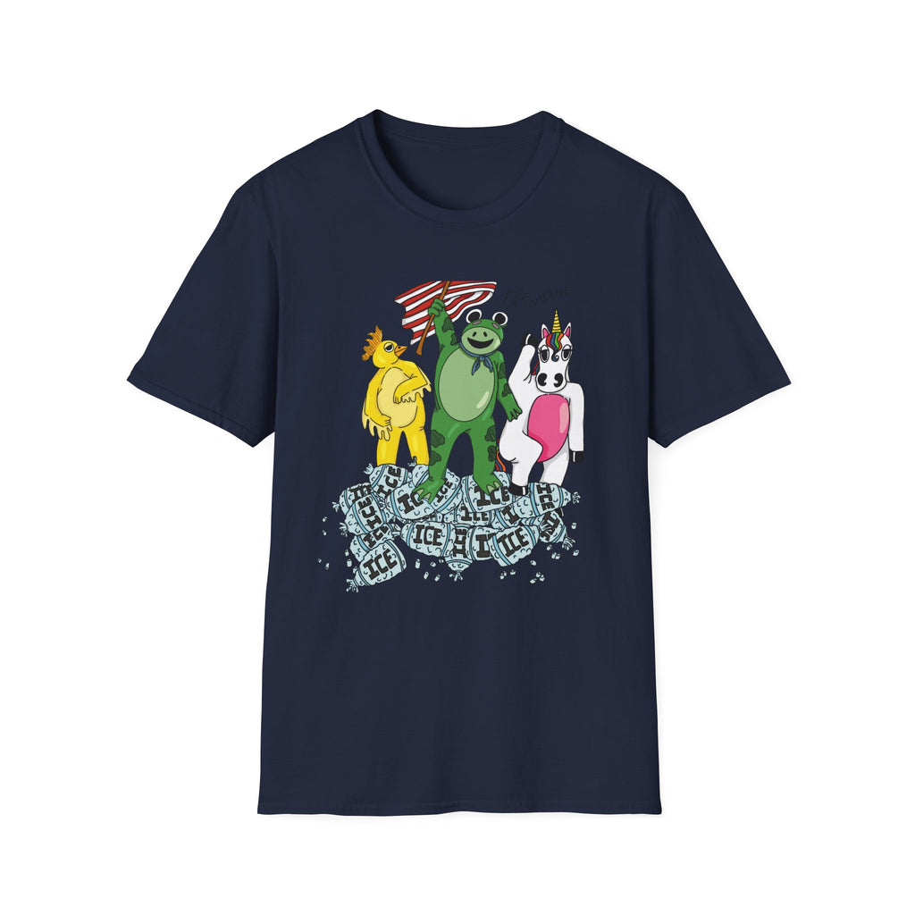 No Ice T-Shirt — Frog, Chicken & Unicorn Standing on ice  (Satirical Patriotic Design)