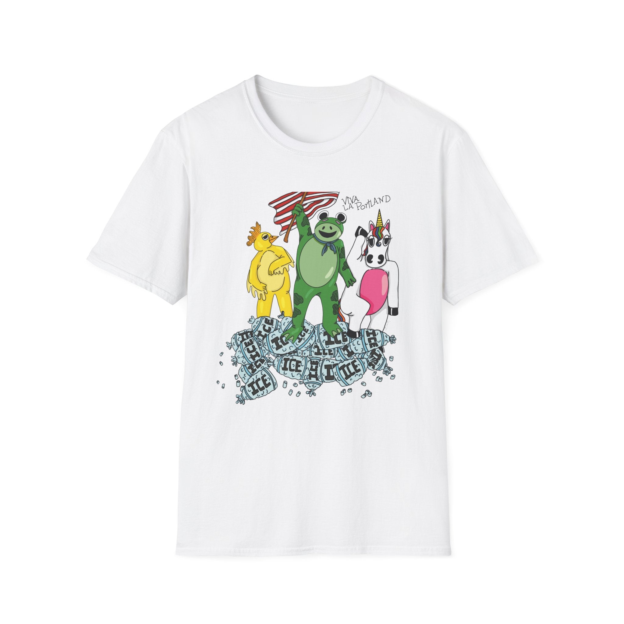 No Ice T-Shirt — Frog, Chicken & Unicorn Standing on ice  (Satirical Patriotic Design)