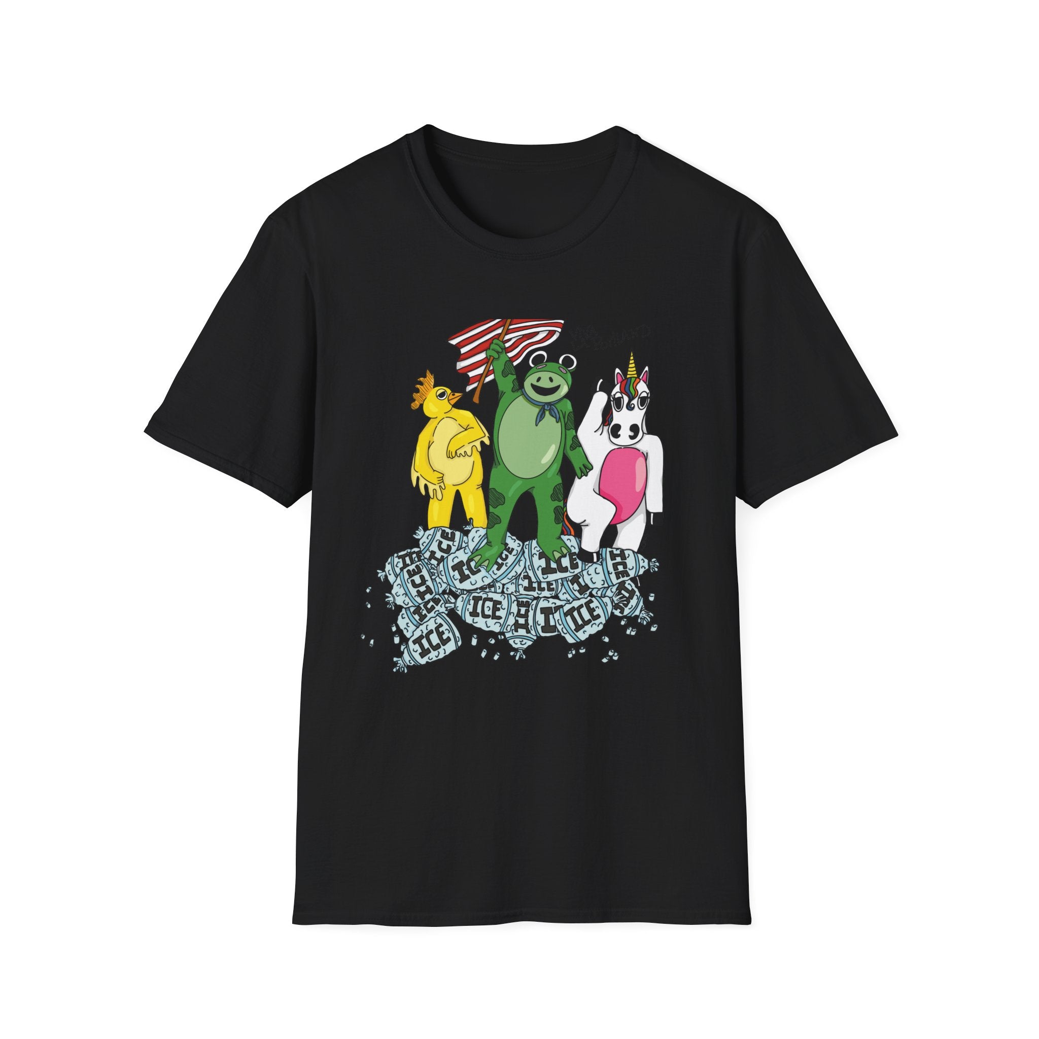 No Ice T-Shirt — Frog, Chicken & Unicorn Standing on ice  (Satirical Patriotic Design)